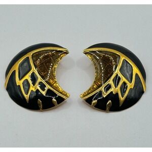 VIntage Earrings Clip On Berebi Enamel Black Goldtone Crescent Thin 80s Brown